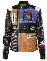 Multicolor Studwork Pyramid Gothic, Handmade Patchwork Jacket, Rancid Cow Skin Leather, Punk Rock Studded Fashion, Biker's Men Clothing,